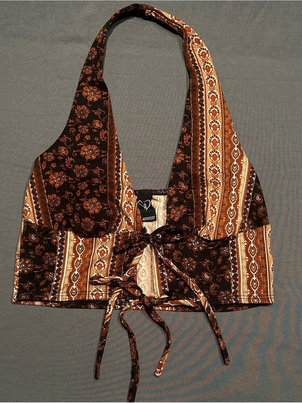 ❌SOLD❌Windsor Patchwork Paisley Floral Print Halter Crop Top with Front Tie